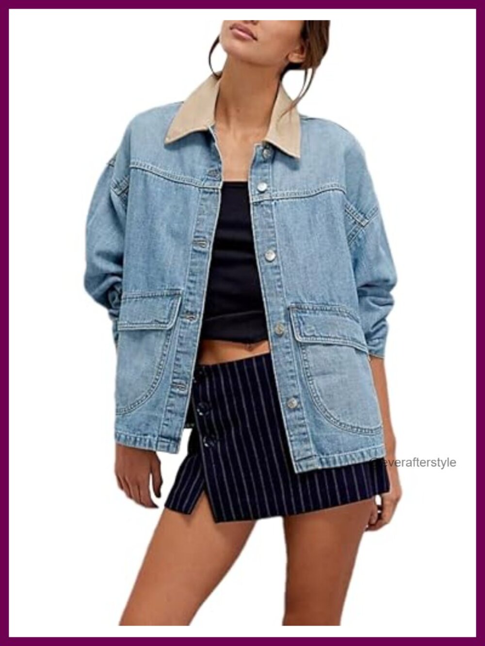 Lumister Women's Oversized Denim Jacket Contrast Trim Button Down